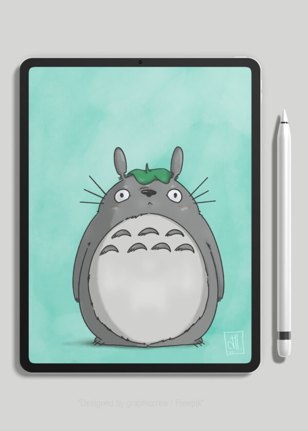 Drawing Tablet with stylus with drawing app open and image of a grey whimsical creature