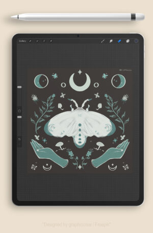 Tablet, stylus with moth illustration