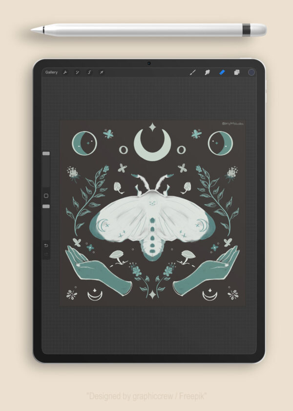 Tablet, stylus with moth illustration